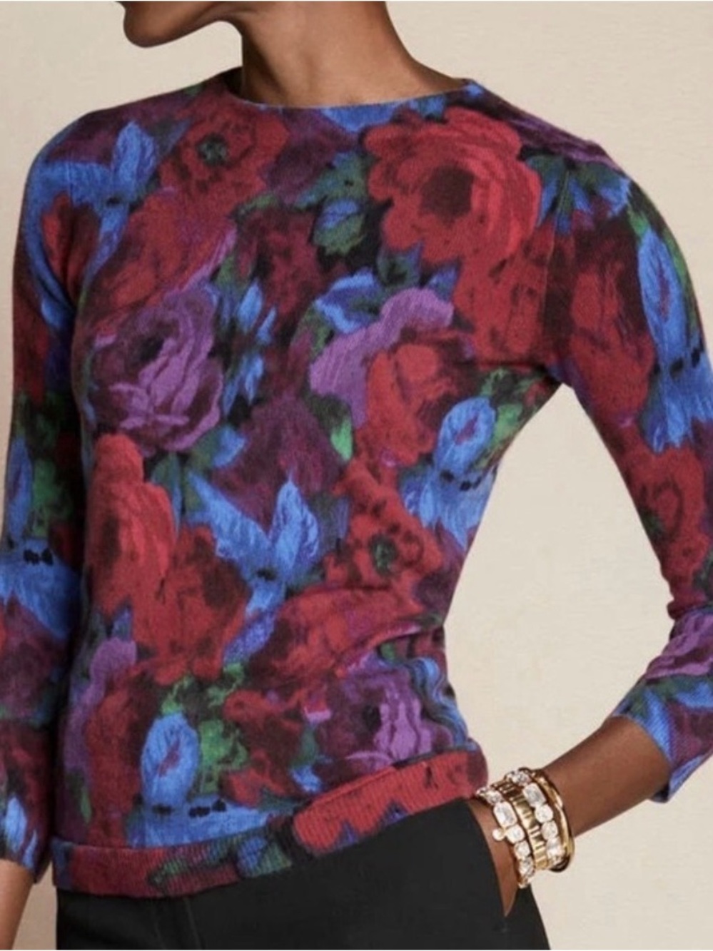 Talbots Women's Audrey Cashmere Floral Red, Purple & Blue Sweater